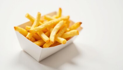 French fries in a paper container, white backdrop , crispy, tasty