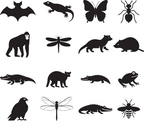silhouette icons featuring a variety of creatures including reptiles, insects, birds, and mammals. Perfect for use in graphic design,