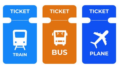 Transport Tickets Set, Bus, Subway train and Plane Tickets Vector Illustration