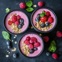 Three bowls of pink smoothie topped with berries and granola