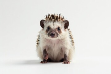 Fototapeta premium Hedgehog standing, facing forward, pure white backdrop, domestic, adorable, mammal