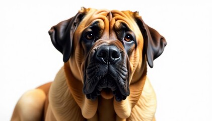 Obraz premium Imposing mastiff, head tilt, pure white backdrop, head, dog photography, dog breed