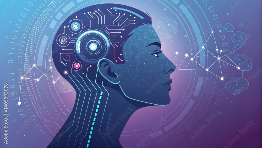 Poster woman's head with circuit pattern in the background symbolizing the fusion of technology and human i