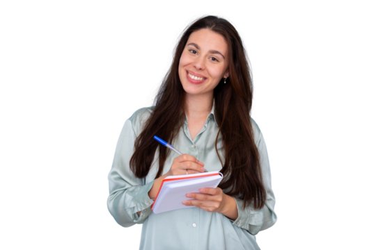 Professional woman writing business notes on transparent notepad, smiling confidently