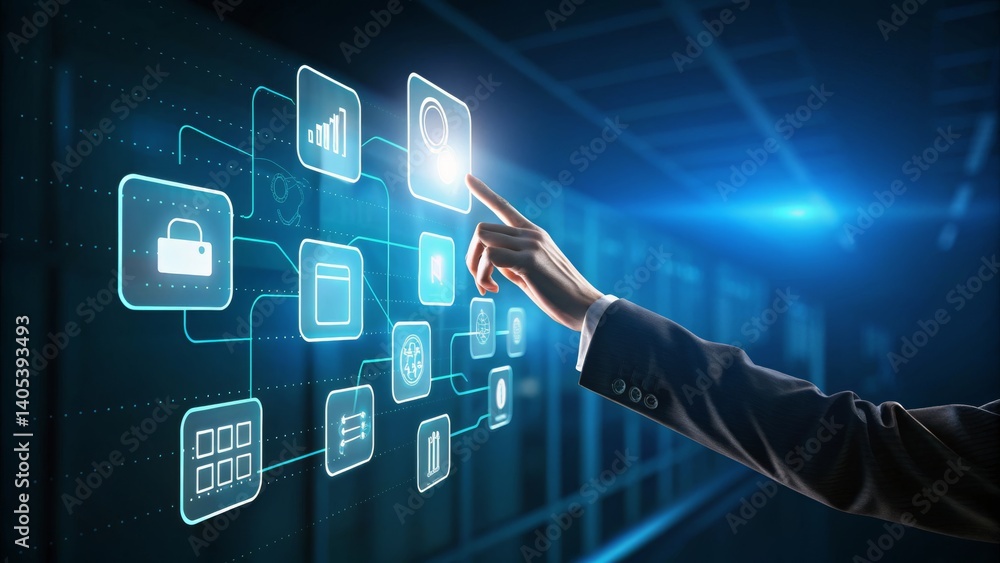 Poster a businessman reaching out to interact with a high-tech touch screen display in a modern office envi