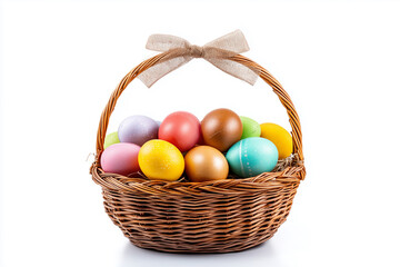 Colorful Easter eggs in a wicker basket ready for celebration in a cheerful springtime display