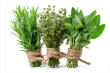 Fresh herbs tied with twine showcasing rosemary, thyme, and sage for cooking or gardening enthusiasts