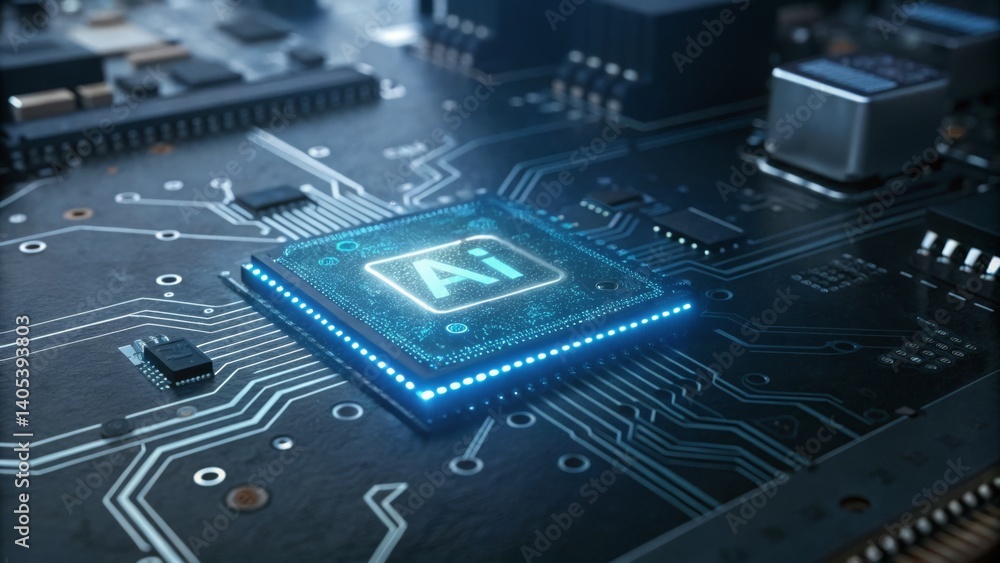 Poster high-tech circuit board featuring a lit up lock symbolizing security and innovation in modern electr