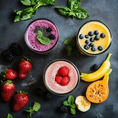 Colorful fruit smoothies, healthy and delicious