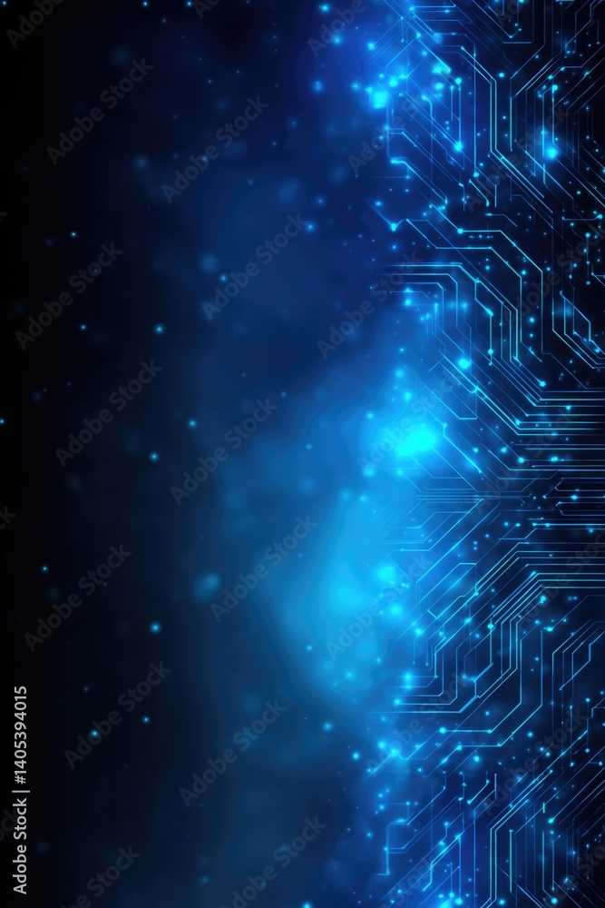 Poster modern corporate data technology banner with a vibrant blue backdrop, highlighting interconnected ci