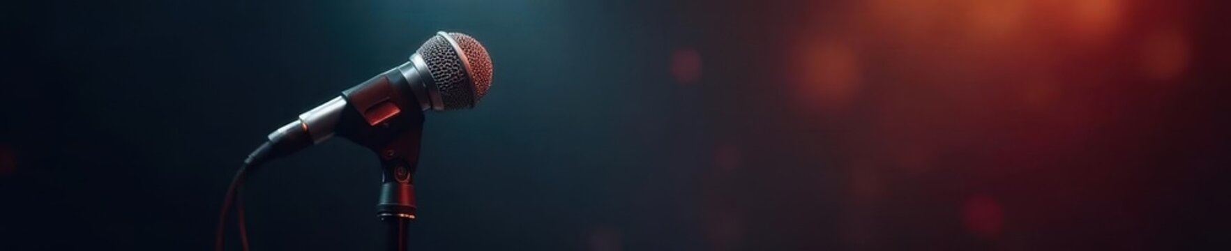 Gleaming gold mic on dark stage Spotlight illuminates , stage, golden
