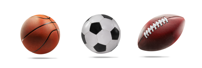 Isolated soccer, basketball and american football balls isolated on free png background. Different versions.