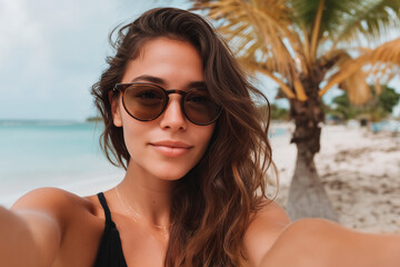 Young woman taking selfie on tropical beach with sunglasses and palm tree in background