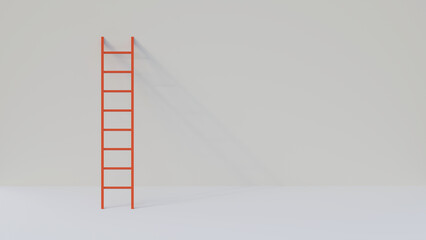Red step ladder over white wall. Ladder to success. Red ladder leaning against the white wall, front view. Concept of ladder to inspiration, leadership and business achievement.