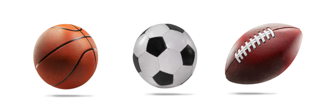 Isolated soccer, basketball and american football balls isolated on free png background. Different versions.