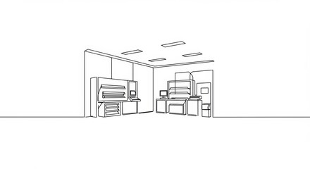 Single Line Art: Electronics Factory Cleanroom Depicted with Minimalist Style