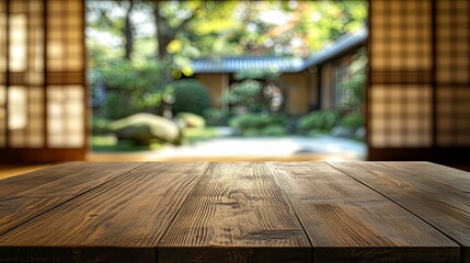 Wooden table top with a blurred view of a Japanese garden.