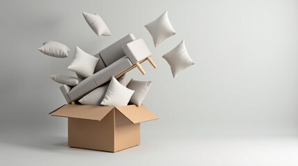 Creative concept of a sofa and cushions exploding out of a cardboard box
