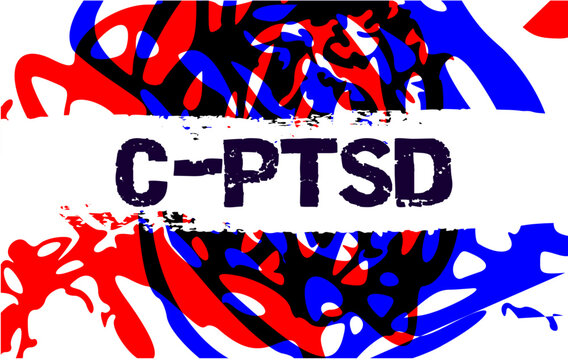 Abstract Artistic Representation of PTSD with Chaotic Red and Blue Brush Strokes Surrounding Bold White Text