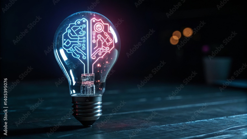 Poster a unique futuristic light bulb infused with a drawing of a man running in a creative and innovative 