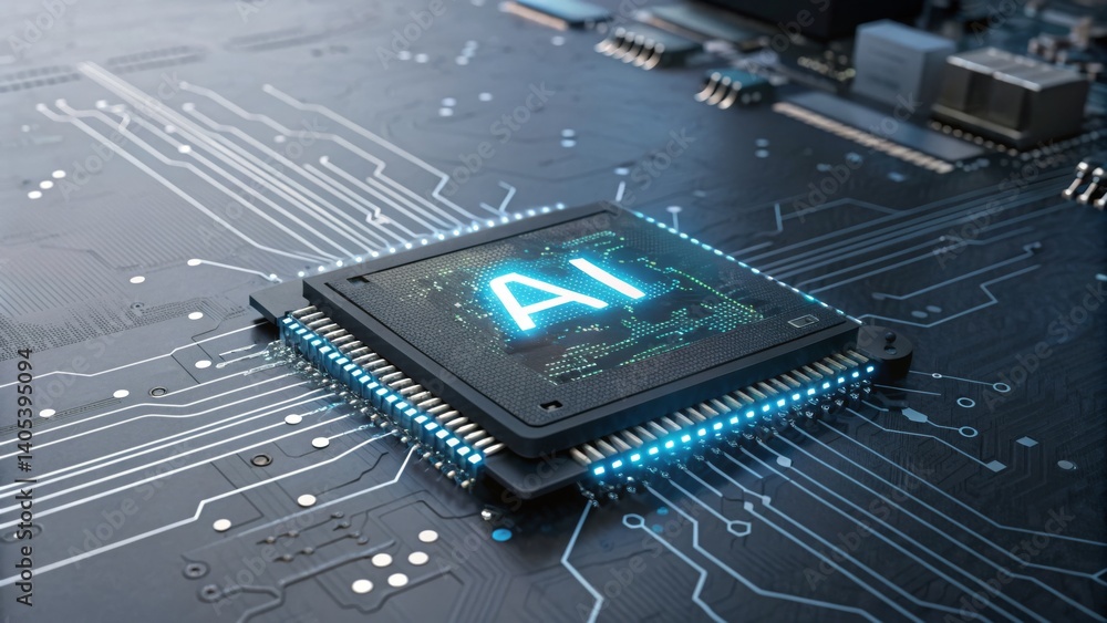 Poster a fascinating futuristic microchip featuring glowing letters representing advanced technology and di