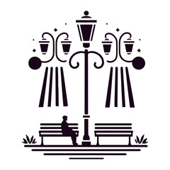 Luminous streetlamp illustration blending modern bench, geometric tree, and heart design
