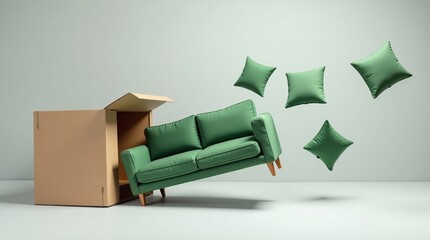 Creative concept of a green sofa and cushions exploding out of a cardboard box