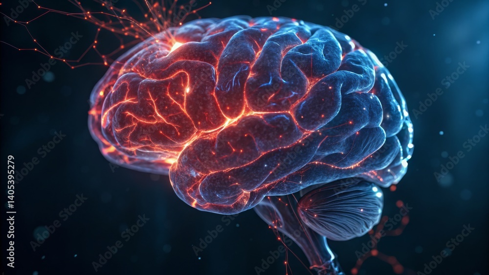 Poster highly detailed close-up of a glowing human brain with intricate neural connections and bioluminesce