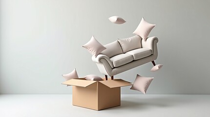 Creative concept of a sofa and cushions exploding out of a cardboard box