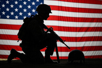 Kneeling Soldier Silhouette with Rifle and American Flag Background