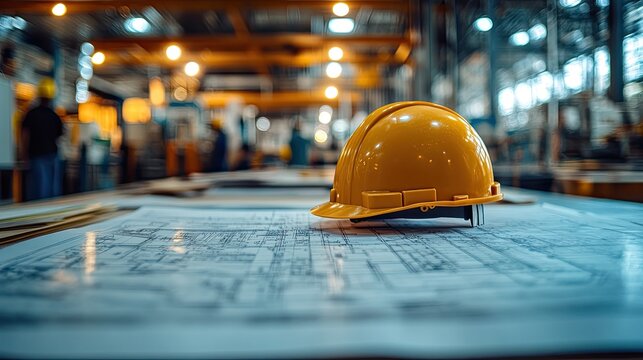Bright yellow hard hat rests on blueprints in a busy factory.