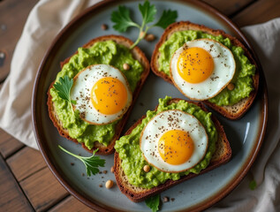 Healthy avocado toasts for breakfast with rye bread, avocado puree toast and fried eggs on wooden table