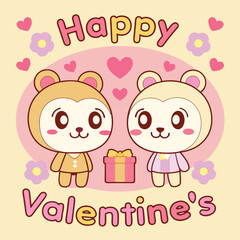 Cute animal couple exchanging a gift on Valentine's Day