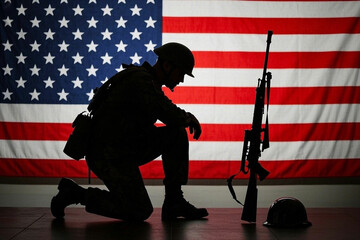 Kneeling Soldier Silhouette with Rifle and American Flag Background