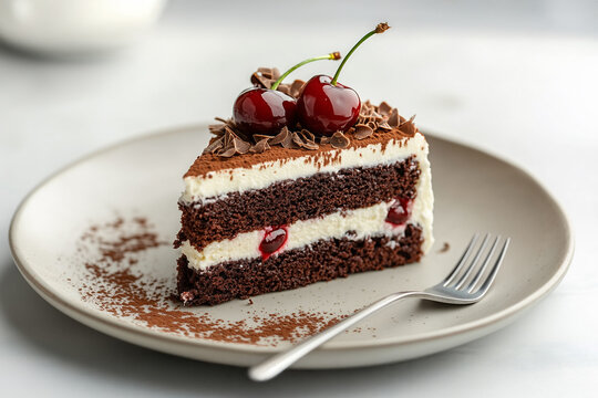 Black Forest cake slice with cherries, cream, and chocolate shavings