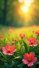 Fototapeta premium Golden hour sunlight bathes handmade paper flowers scattered across a tranquil meadow , soft, palette