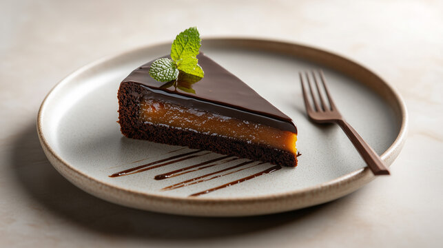 Sacher torte slice with apricot filling and glossy chocolate glaze