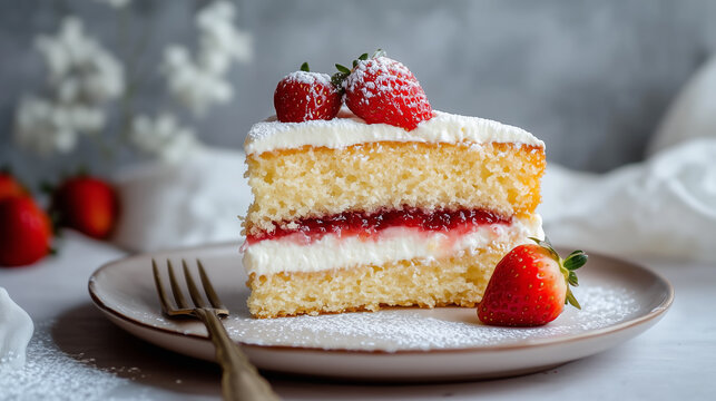 Victoria sponge cake slice with strawberry jam and whipped cream