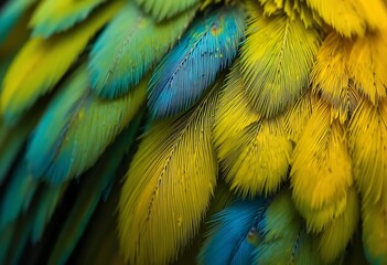 Fototapeta premium Vibrant Parrot Feathers: A Close-Up Study in Teal and Gold