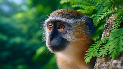 Obraz premium A young monkey with striking amber eyes gazes pensively from behind lush green foliage . Generative AI