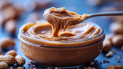 Creamy peanut butter in a glass bowl, spoon lifting a dollop
