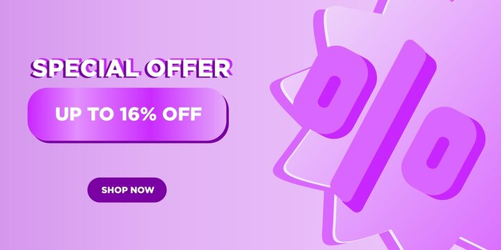 16 porcento de desconto, banner roxo com sinal de porcentagem indicando produto mais barato e promo&ccedil;&atilde;o.