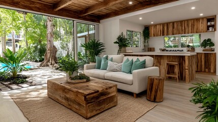 Modern open-plan living area with a view of a tropical garden and pool.  Wooden accents and natural light