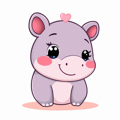 Cute purple baby hippo sitting with heart on white background