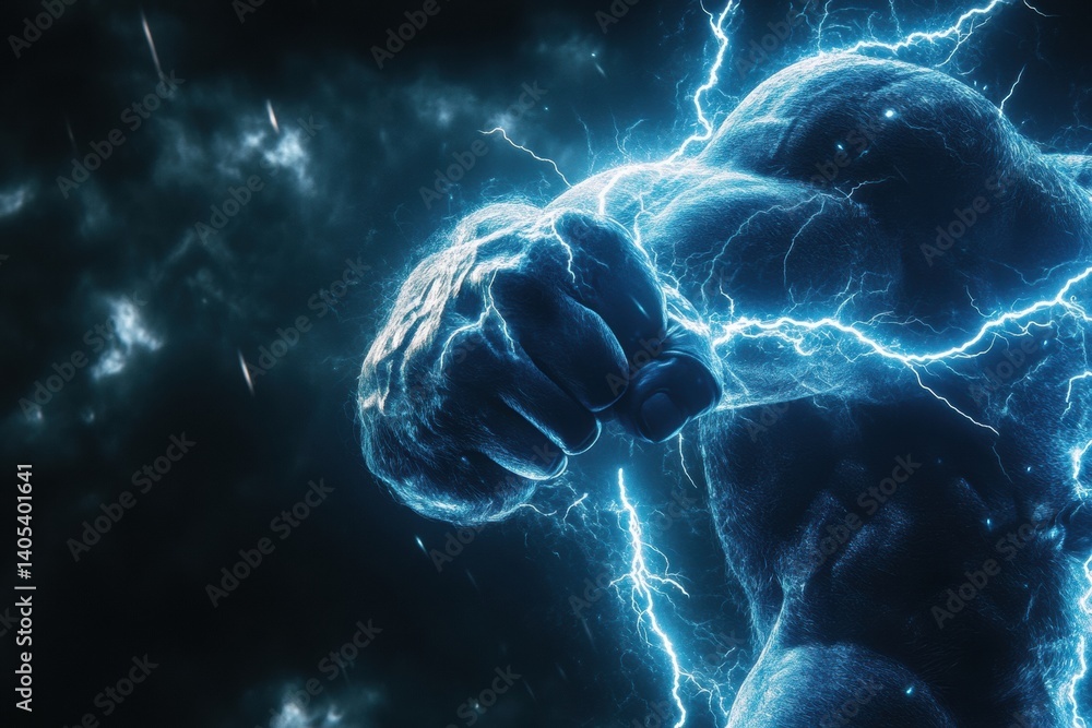 Poster Muscle fibers transforming into lightning bolts create a powerful energy metaphor in a dark backdrop showcasing strength and vigor