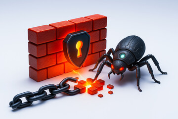 digital spider breaches firewall symbolizing cybersecurity threats and vulnerabilities. scene is tense and highlights need for protection