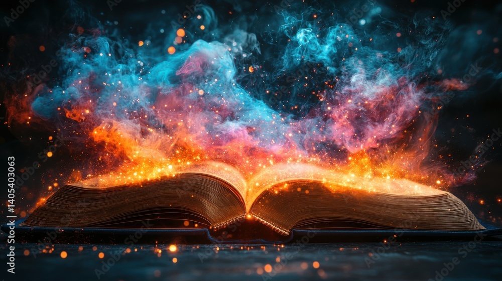 Poster open book emits colorful flames and smoke in a mystical display of imagination and creativity during