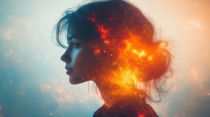 Creative portrait of a woman with cosmic elements blending into her silhouette at sunset