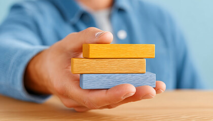 Hand presenting three stacked wooden blocks of different colors . Generative AI