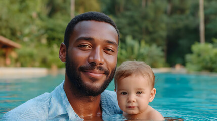 Happy father and baby son in swimming pool . Generative AI